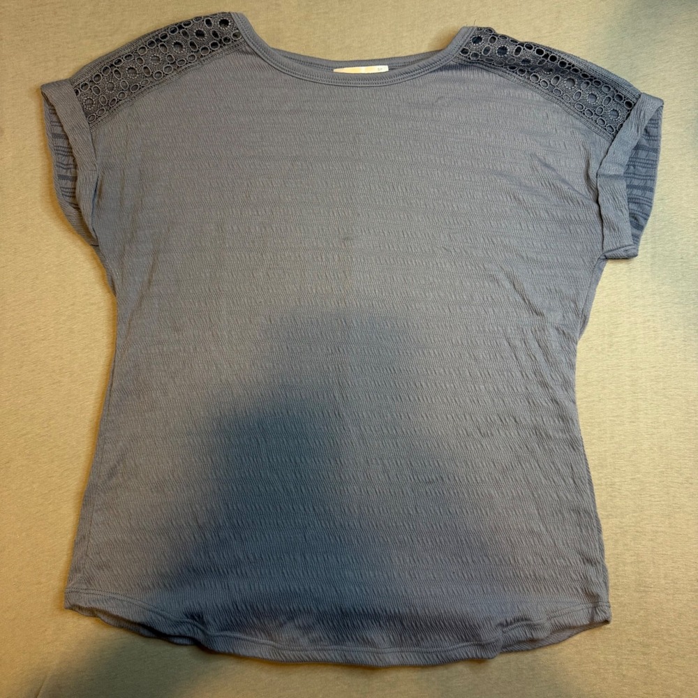 Retrology Blue Textured Crochet Eyelet Shoulder Cap Sleeve Blouse Top‎ Small